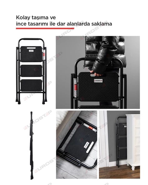 Eurostep 3 Basamak Siyah Merdiven Geniş Basamaklı Eurotower - Resim 3