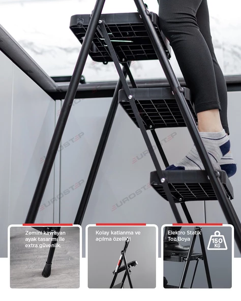 Eurostep 3 Basamak Siyah Merdiven Geniş Basamaklı Eurotower - Resim 4