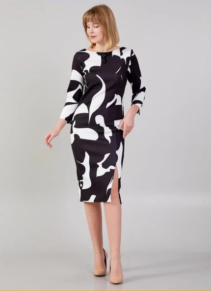 Modatalika Kadın Desenli Yakada Taş Detayı Truvakar Kollu Şık Midi Boy Elbise ürün görseli