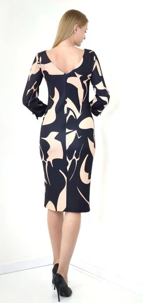 Modatalika Kadın Desenli Yakada Taş Detayı Truvakar Kollu Şık Midi Boy Elbise - Resim 7