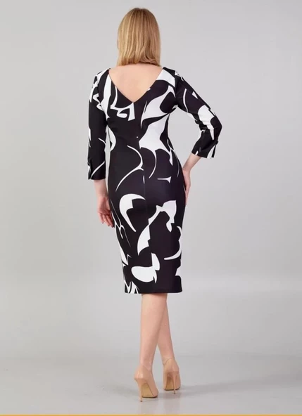 Modatalika Kadın Desenli Yakada Taş Detayı Truvakar Kollu Şık Midi Boy Elbise - Resim 2