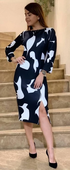 Modatalika Kadın Desenli Yakada Taş Detayı Truvakar Kollu Şık Midi Boy Elbise - Resim 5