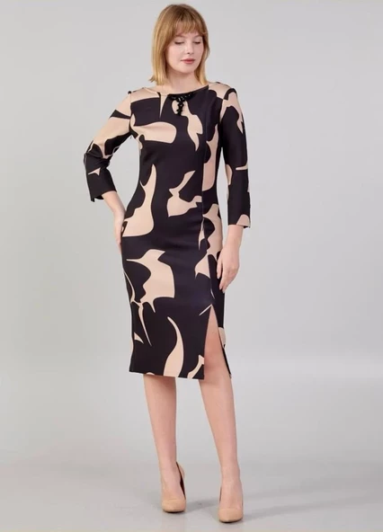 Modatalika Kadın Desenli Yakada Taş Detayı Truvakar Kollu Şık Midi Boy Elbise - Resim 10