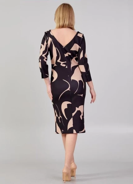 Modatalika Kadın Desenli Yakada Taş Detayı Truvakar Kollu Şık Midi Boy Elbise - Resim 11