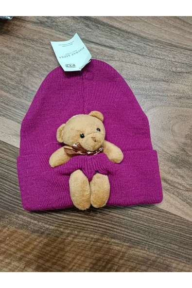 Bear Pelüş Kahve Ayıcıklı Bere Renkli Tedy Figürlü Unisex Eflatun Örgü