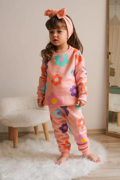 KIZ ÇOCUK PAPATYA DESENLİ 3 İPLİK PAMUK EŞOFMAN TAKIMI - 4