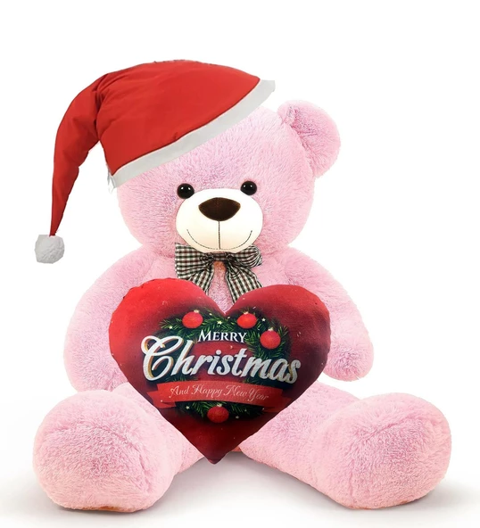 Yeni Yıla Özel : Elinde Baskılı Kalbi Ve Noel Şapkalı 90 cm Papyonlu Peluş Ayıcık - Yeni Yıl Temalı ürün görseli