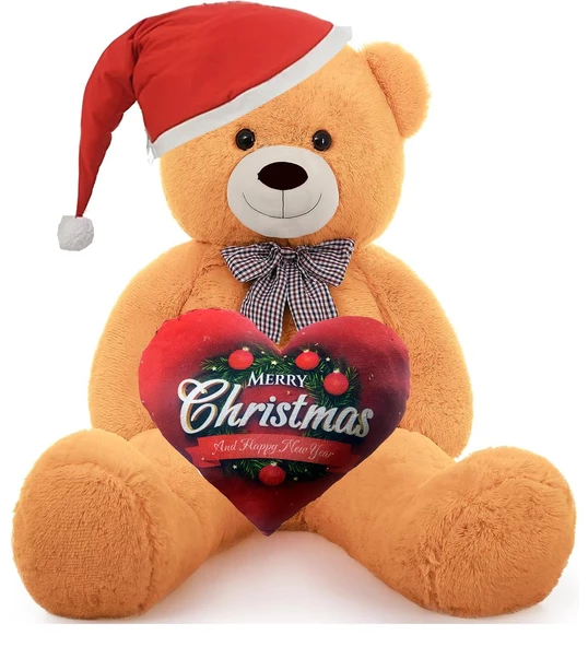 Yeni Yıla Özel : Elinde Baskılı Kalbi Ve Noel Şapkalı 90 cm Papyonlu Peluş Ayıcık - Yeni Yıl Temalı - Resim 10