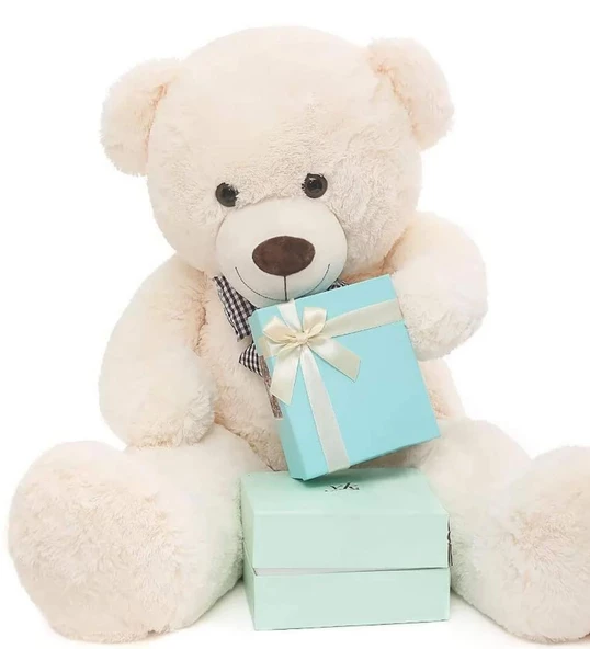 Yeni Yıla Özel : Elinde Baskılı Kalbi Ve Noel Şapkalı 90 cm Papyonlu Peluş Ayıcık - Yeni Yıl Temalı - Resim 5