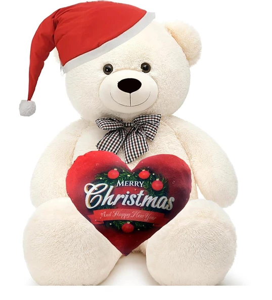 Yeni Yıla Özel : Elinde Baskılı Kalbi Ve Noel Şapkalı 90 cm Papyonlu Peluş Ayıcık - Yeni Yıl Temalı - Resim 4