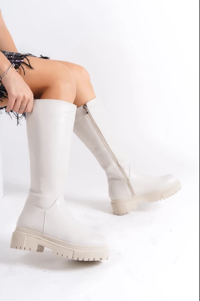 MİRA Bağcıksız Fermuarlı Ortopedik Taban Suya ve Soğuğa Dayanıklı Kadın Çizme KT Krem - 2