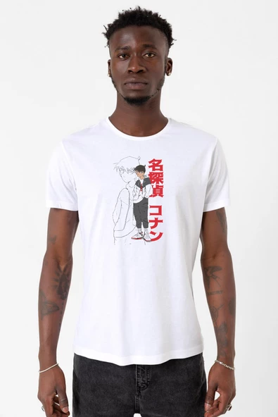 Detective Conan Anime Shinichi Kudo Beyaz Erkek Bisikletyaka Tshirt