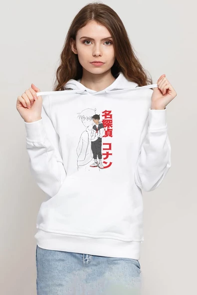 Detective Conan Anime Shinichi Kudo Beyaz Kadın 3ip Kapşonlu Sweatshirt ürün görseli