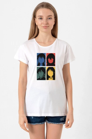 Erased Anime All Main Character Minimal Colorful Art Beyaz Kadın Bisikletyaka Tshirt