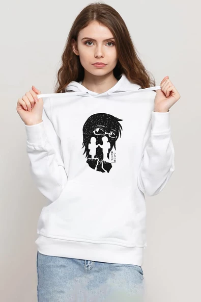 Erased Anime Black White Silhoette Beyaz Kadın 3ip Kapşonlu Sweatshirt