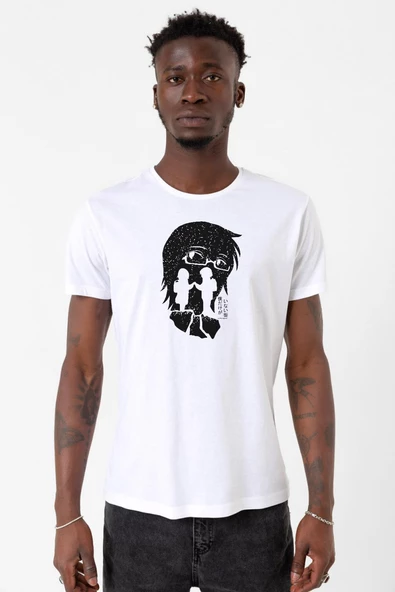 Erased Anime Black White Silhoette Beyaz Erkek Bisikletyaka Tshirt