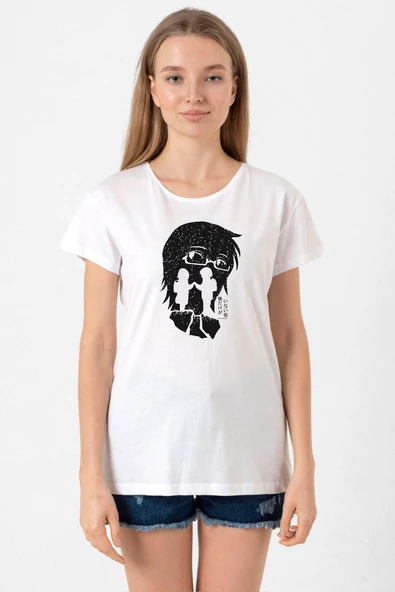 Erased Anime Black White Silhoette Beyaz Kadın Bisikletyaka Tshirt ürün görseli 1