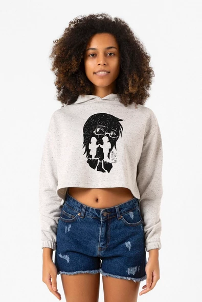 Erased Anime Black White Silhoette Beyaz Kırçıllı Kadın Crop Kapşonlu ürün görseli 1