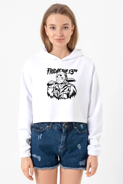 Friday The 13th Halloween Beyaz Optik Kadın Crop Kapşonlu ürün görseli