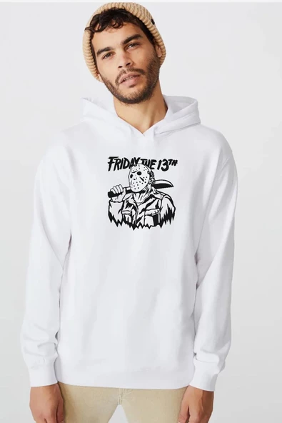 Friday The 13th Halloween Beyaz Erkek 3ip Kapşonlu  Sweatshirt