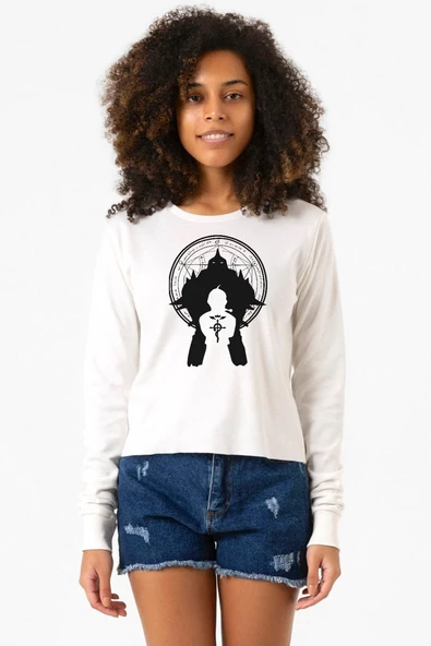 Fullmetal Alchemist Anime Logo Ekstra Uzunkol Sweatshirt Ekru