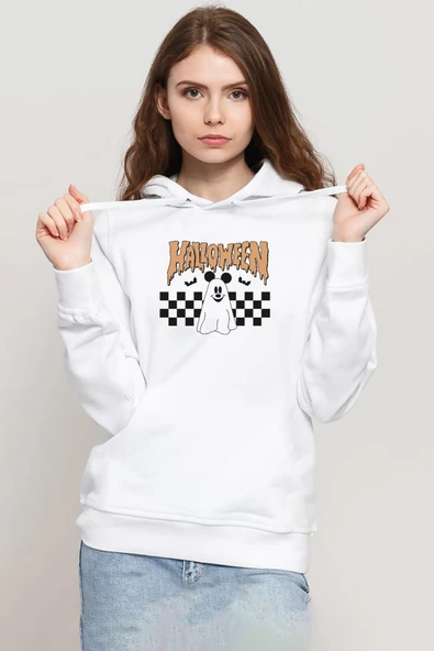 Halloween Mickey Ghost Beyaz Kadın 3ip Kapşonlu Sweatshirt ürün görseli