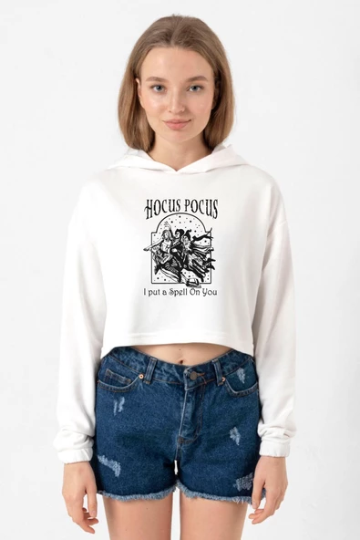 Hocus Pocus I Put A Spell On You Ekru Kadın Crop Kapşonlu ürün görseli 1