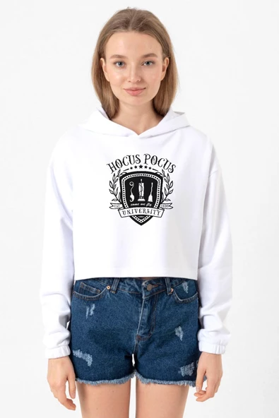 Hocus Pocus University Beyaz Optik Kadın Crop Kapşonlu ürün görseli