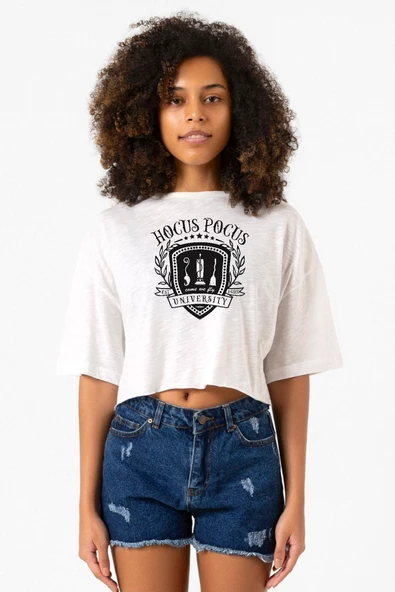 Hocus Pocus University Beyaz Kırçıllı Kadın Crop Tshirt ürün görseli 1