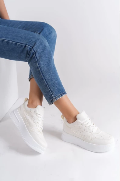 ALESSİ Bağcıklı Ortopedik Taban Kadın Sneaker Ayakkabı BT Kırık Beyaz - 2