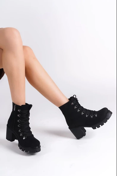 EMMA Bağcıklı Fermuarlı Ortopedik Taban Suya ve Soğuğa Dayanıklı Topuklu Süet Kadın Bot ST Siyah - 3