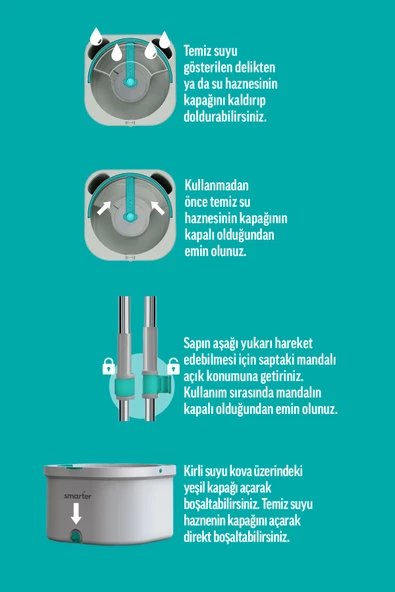 SMARTER AQUA MASTER TEMİZLİK SETİ + 2 ADET YEDEK MOP TEMİZ & KİRLİ SUYU AYIRMA ÖZELLİĞİ OTOMATİK TEMİZLİK SETİ MOP PASPAS - 3
