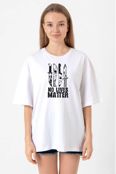 Horror Knifes No Live Matter Beyaz Kadın Oversize Tshirt ürün görseli 1