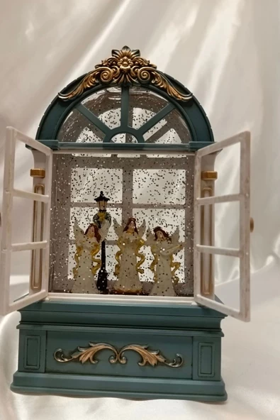 Yılbaşı Noel Pencere Tasarımlı Kar Küresi Noel Baba Karakter Işık kahve Yeni Yıl Melek Kanat - 10