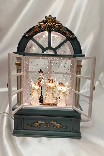 Yılbaşı Noel Pencere Tasarımlı Kar Küresi Noel Baba Karakter Işık kahve Yeni Yıl Melek Kanat - 8