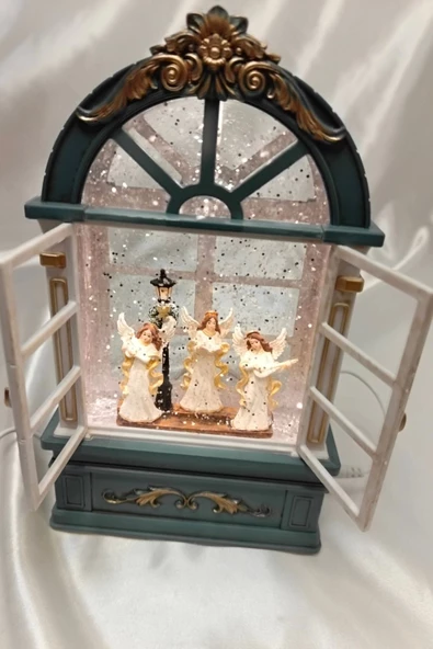 Yılbaşı Noel Pencere Tasarımlı Kar Küresi Noel Baba Karakter Işık kahve Yeni Yıl Melek Kanat - 5