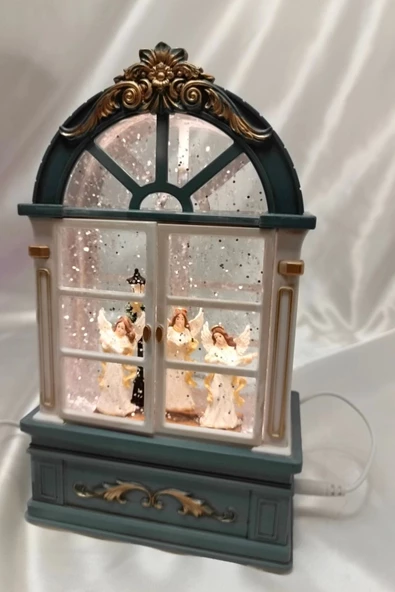 Yılbaşı Noel Pencere Tasarımlı Kar Küresi Noel Baba Karakter Işık kahve Yeni Yıl Melek Kanat - 4