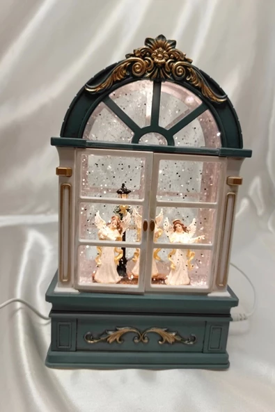 Yılbaşı Noel Pencere Tasarımlı Kar Küresi Noel Baba Karakter Işık kahve Yeni Yıl Melek Kanat - 12