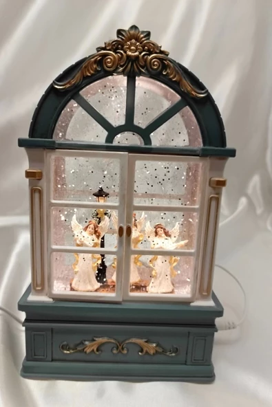 Yılbaşı Noel Pencere Tasarımlı Kar Küresi Noel Baba Karakter Işık kahve Yeni Yıl Melek Kanat - 9