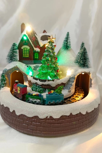 Yılbaşı Noel Köy Tren Kar Küresi Noel Baba Karakter Işık kahve Yeni Yıl Çam Ağacı - 8