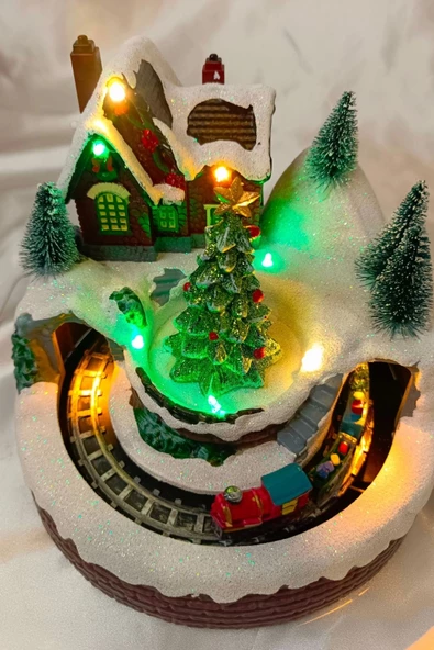 Yılbaşı Noel Köy Tren Kar Küresi Noel Baba Karakter Işık kahve Yeni Yıl Çam Ağacı - 10