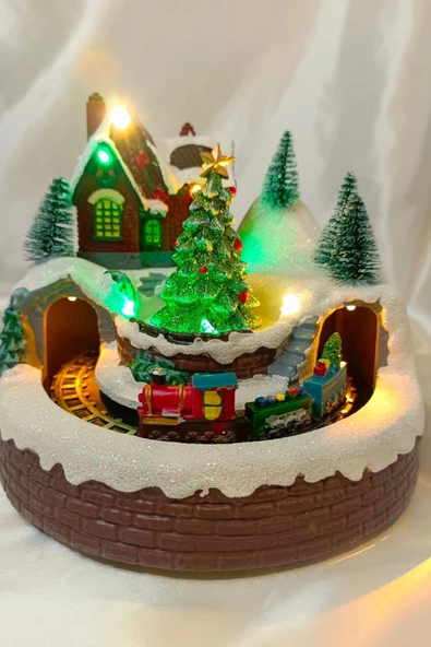 Yılbaşı Noel Köy Tren Kar Küresi Noel Baba Karakter Işık kahve Yeni Yıl Çam Ağacı - 3