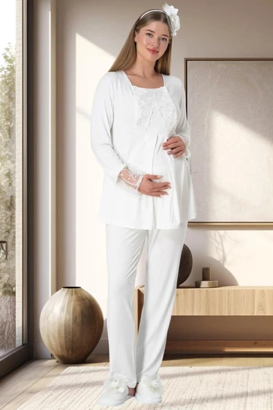 Mecit 5911 Ekru Peluş  3 Lü Pijama Sabahlık Tk - 2