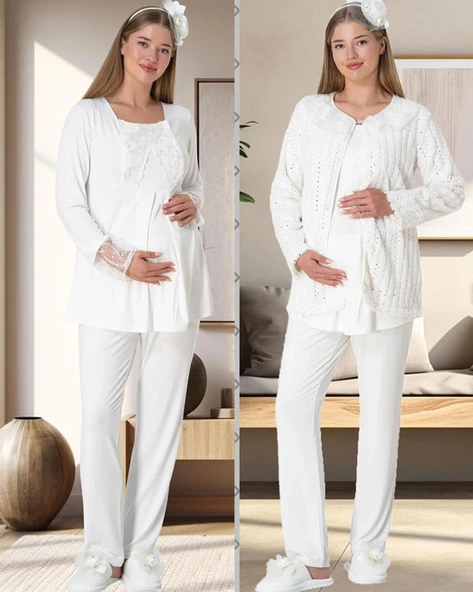 Mecit 5911 Ekru Peluş  3 Lü Pijama Sabahlık Tk - 5