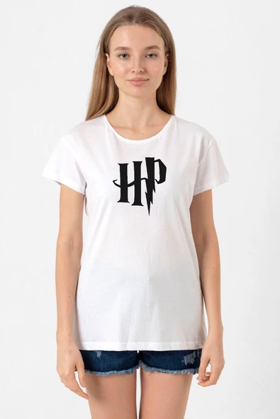 HP Logo Beyaz Kadın Bisikletyaka Tshirt ürün görseli 1