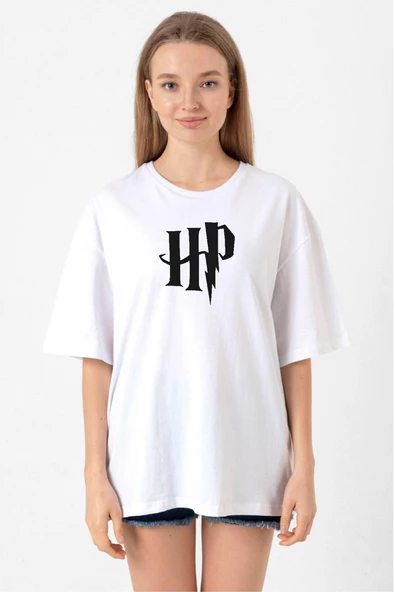 HP Logo Beyaz Kadın Oversize Tshirt ürün görseli 1