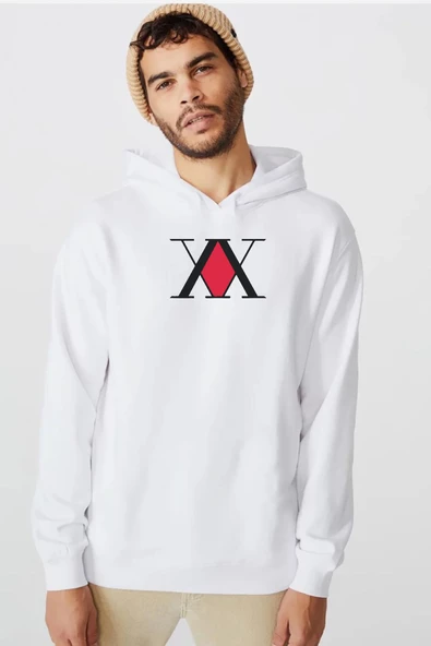 Hunter x Hunter Anime Logo Beyaz Erkek 3ip Kapşonlu  Sweatshirt