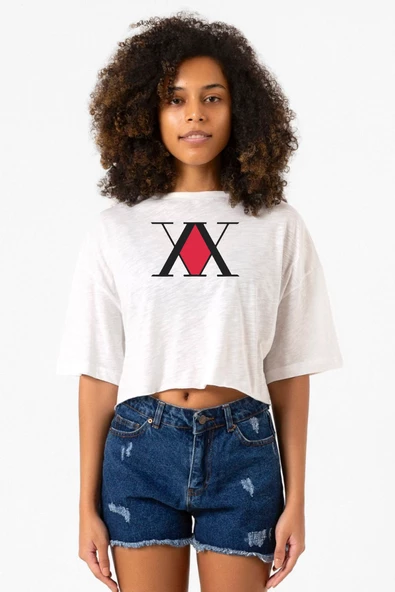 Hunter x Hunter Anime Logo Beyaz Kırçıllı Kadın Crop Tshirt ürün görseli 1