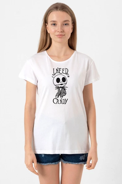 Jack Skellington I Need Candy Beyaz Kadın Bisikletyaka Tshirt ürün görseli 1