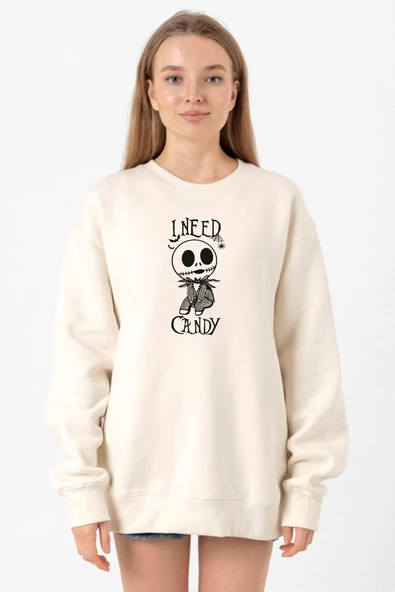 Jack Skellington I Need Candy Ekru Kadın 2ip Sweatshirt ürün görseli 1